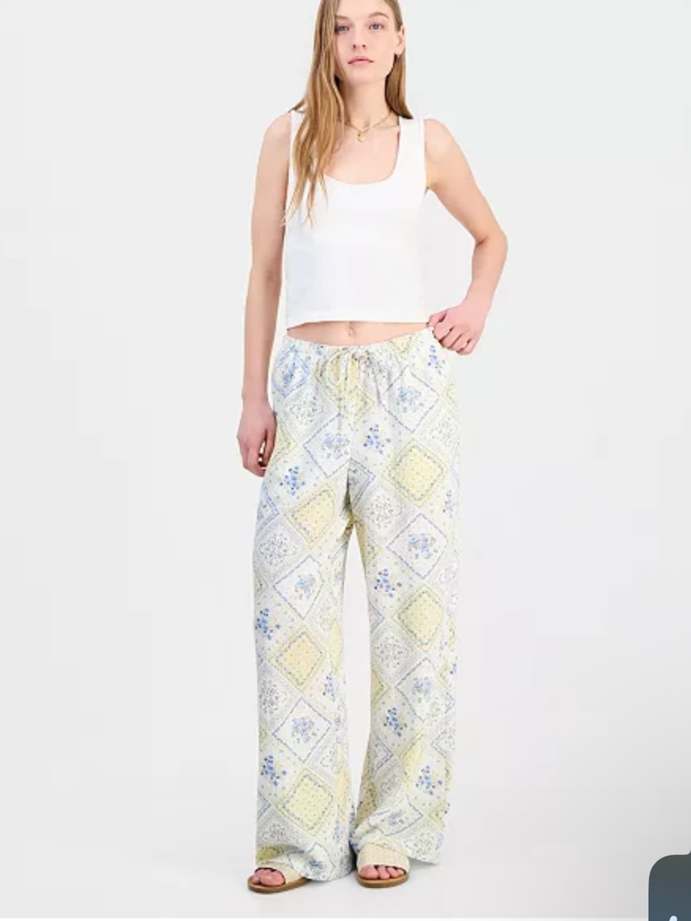 Light Yellow & Blue Patterned Wide Leg Pants (petite length)